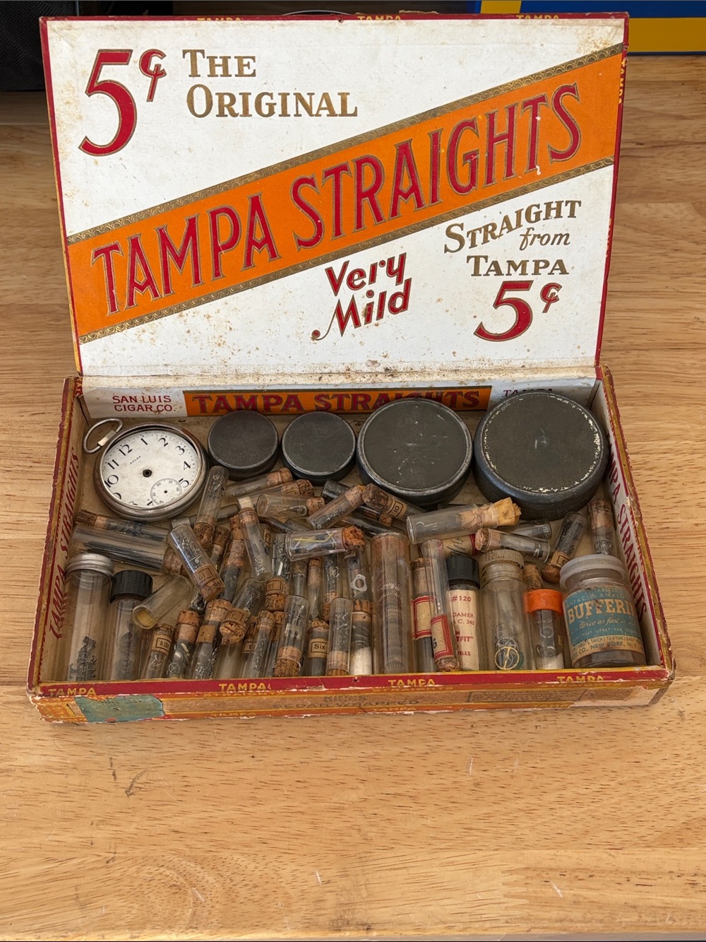 Vintage Tampa cigar box with old watch parts